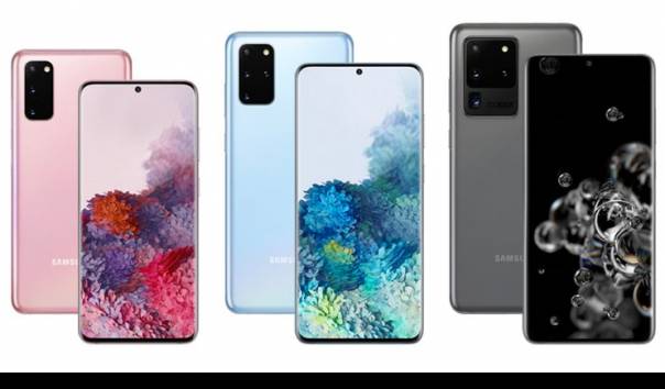 Samsung Galaxy S20 (kiri), Galaxy S20 Plus (tengah), dan Galaxy S20 Ultra.