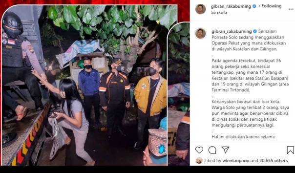 Tangkapan layar Instagram Wali Kota Solo Gibran Rakabuming Raka (kiri) saat ikut dalam razia PSK di Kota Solo pada Sabtu malam (27/2/2021). (Sumber: Akun Instagram @gibran_rakabuming)