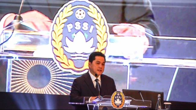 Ketua Umum PSSI, Erick Thohir menyampaikan kata sambutan dalam kongres biasa PSSI di Kuningan Jakarta Selatan, Rabu (4/6/2025).