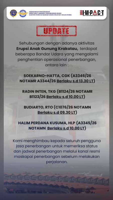 ERUPSI ANAK KRAKATAU, BANDARA SOETTA DITUTUP SEMENTARA
